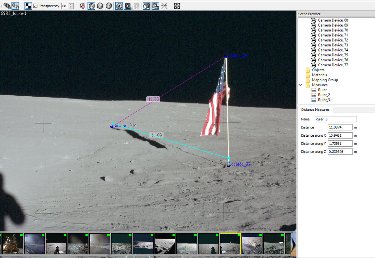 Длина тени флага на снимке AS12-47-6983. Здесь и далее фотографии из Apollo Image Atlas.