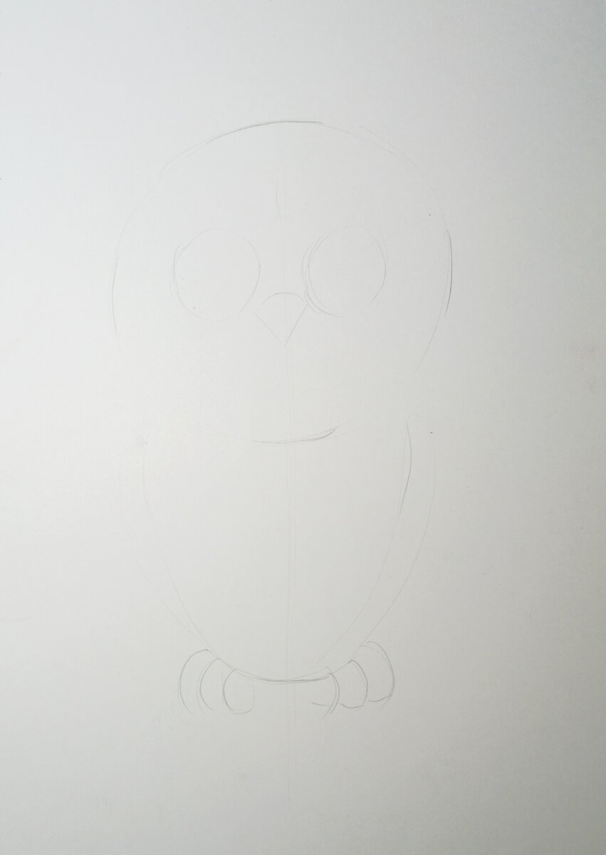 По центру круга(голова)рисуем треугольник(клюв) и два круга(глаза), внизу туловища пририсовываем лапки.