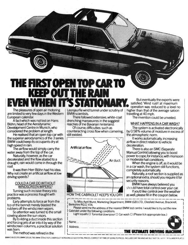 Кроме того в объявлении отмечалось: «существует также и SMC (Separate Manual Control) – управление в ручном режиме, позволяющее увеличить мощность потока воздух, чтобы справиться с муссоном или незначительным градом. В то же время, когда двигатель автомобиля выключен, как если бы автомобиль заехал на автоматическую мойку, система продолжает функционировать, причем полностью автоматически. При этом такая система предлагается как отдельная опция, ведь в BMW всегда считали, что вы должны обладать полным контролем над своим автомобилем. И если вы все же хотите контролировать и погоду – то заполните купон, который прилагается ниже». После чего клиентам предлагалось обратиться с вопросами к некой Мисс Эйприл Вурст (Miss April Wurst) из отдела маркетинга BMW. 
В 1996 году, по тому же случаю, в BMW решили представить инновационный «дефлектор, защищающий лобовое стекло от насекомых» (Insect Deflector Screen) – новую опцию, способную защитить ветровое стекло от насекомых и сохранить его в чистоте. Согласно рекламе, система, разработанная ученым из Мюнхена, Доктором Юргеном Афальфуритом (Dr. Jurgen Afalfurit), состояла из прозрачного резинового покрытия наносимого на ветровое стекло. Резиновый слой был столь тонким, что оставался незаметен глазу, но в то же время таким эластичным, что мгновенно отражал насекомых, даже на больших скоростях.

Лучшие первоапрельские пранки от BMW
