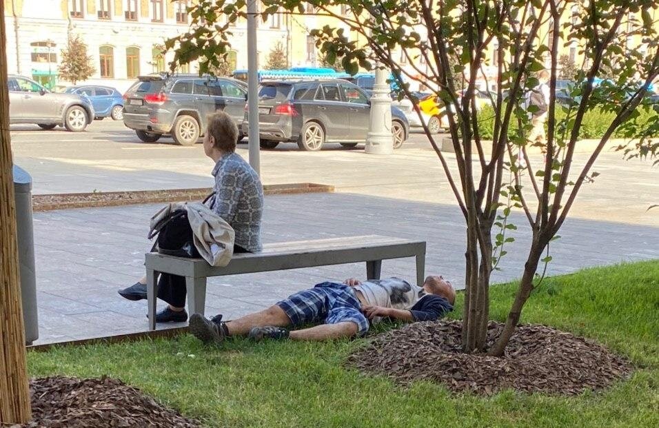Москвичи отдыхают на новеньком газоне. Красота.