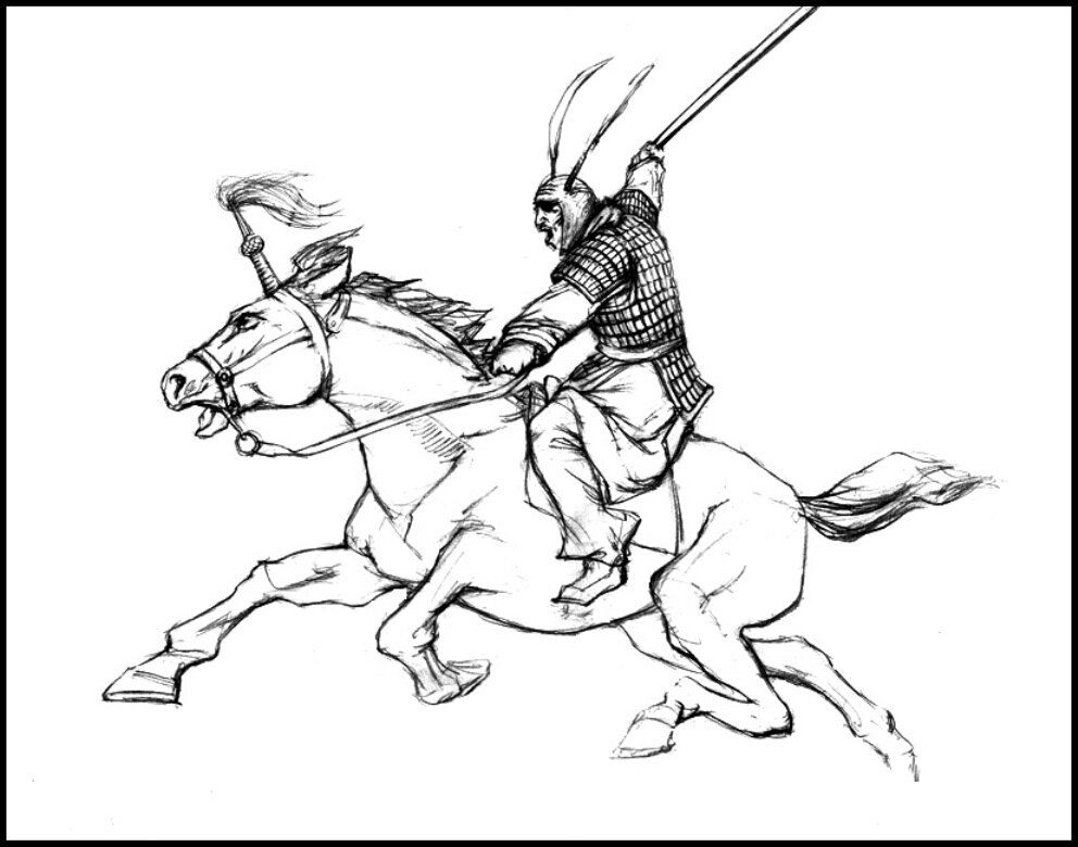 Как иллюстрация - бравый ханьский (это, кстати, не факт... может и когурёсский) кавалерист летит на врага. Надел он, значит, ламелляр, а на голове - чепчик с перьями...