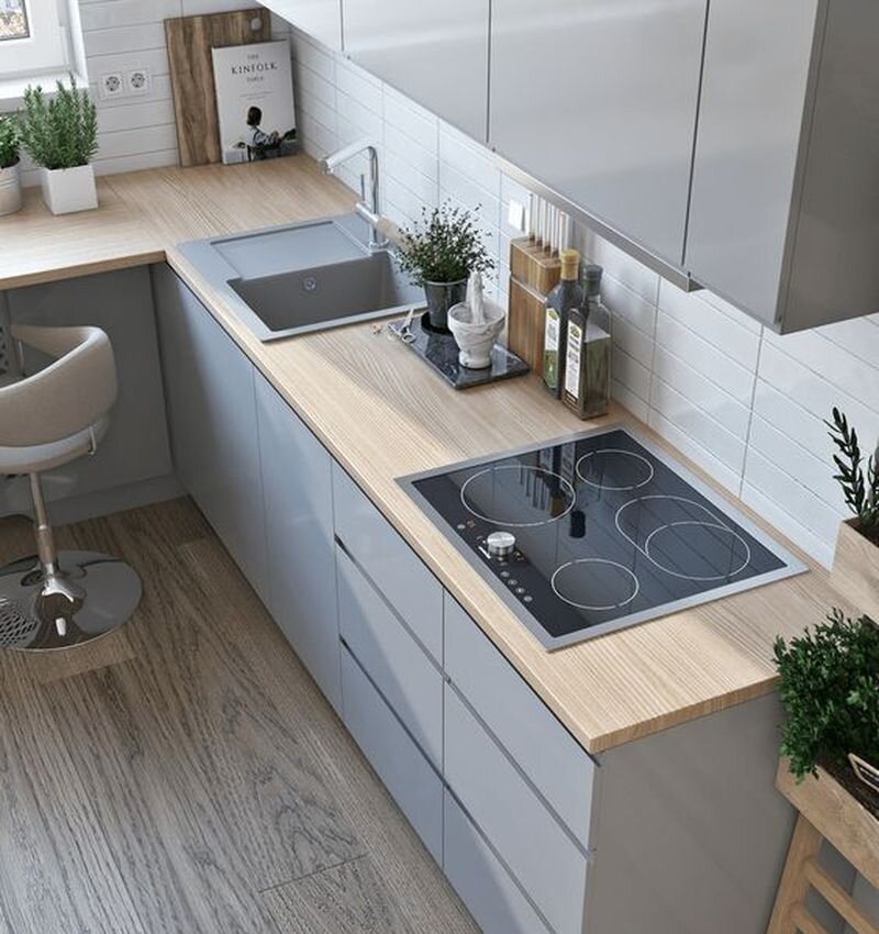 Маленькая угловая кухня в стиле минимализм.