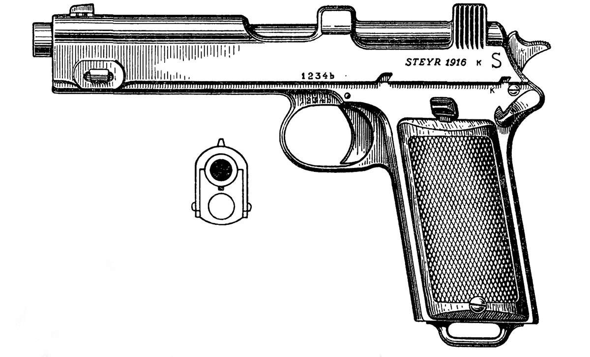Самозарядный пистолет Steyer M1912, Австро-Венгрия. Калибр 9 мм, длина общая 215 мм, длина ствола 127 мм, масса с патронами 1,2 кг. Прицельная дальность стрельбы 50 метров. Емкость магазина 8 патронов. Начальная скорость пули 340 м/с
