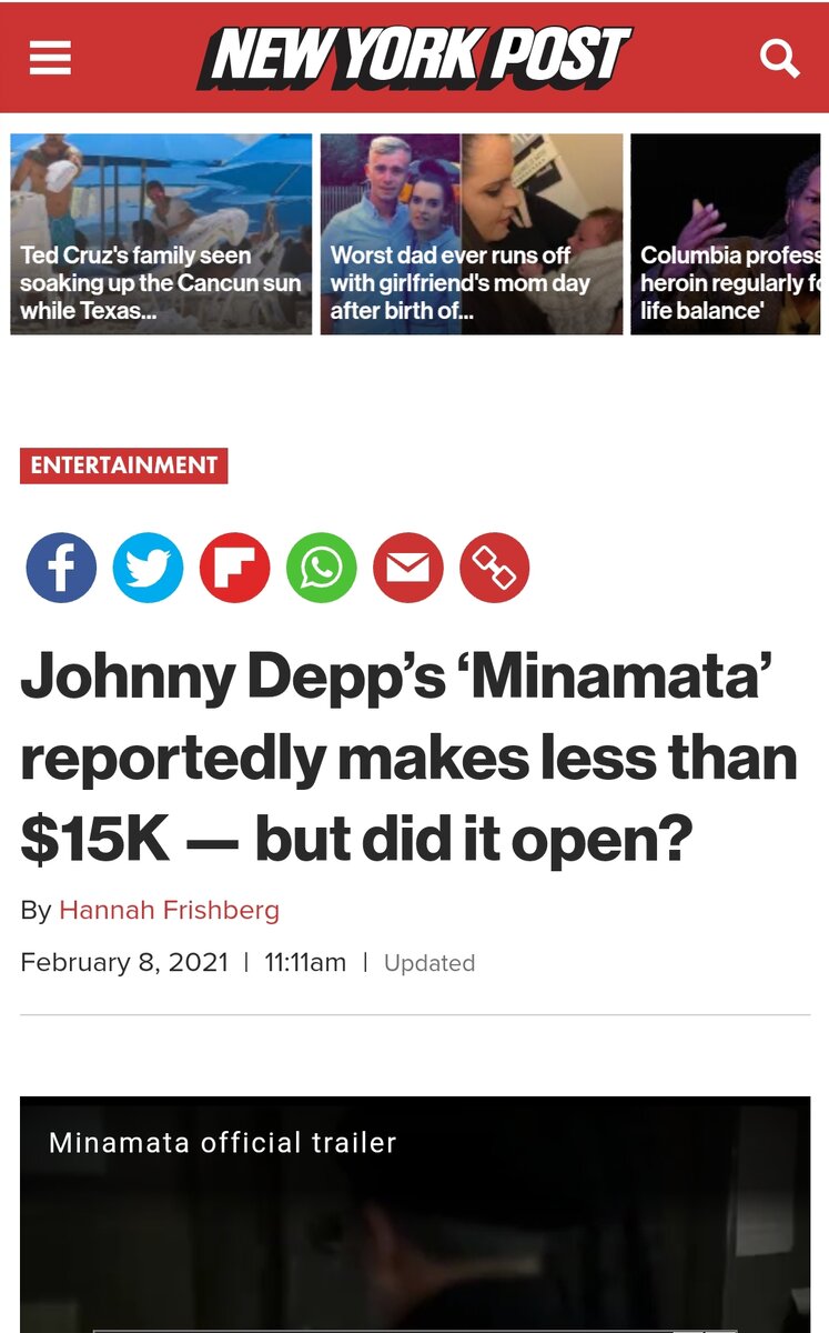 "Минамата" Джонни Деппа собрала меньше $15К .скрин материала с сайта nypost.com