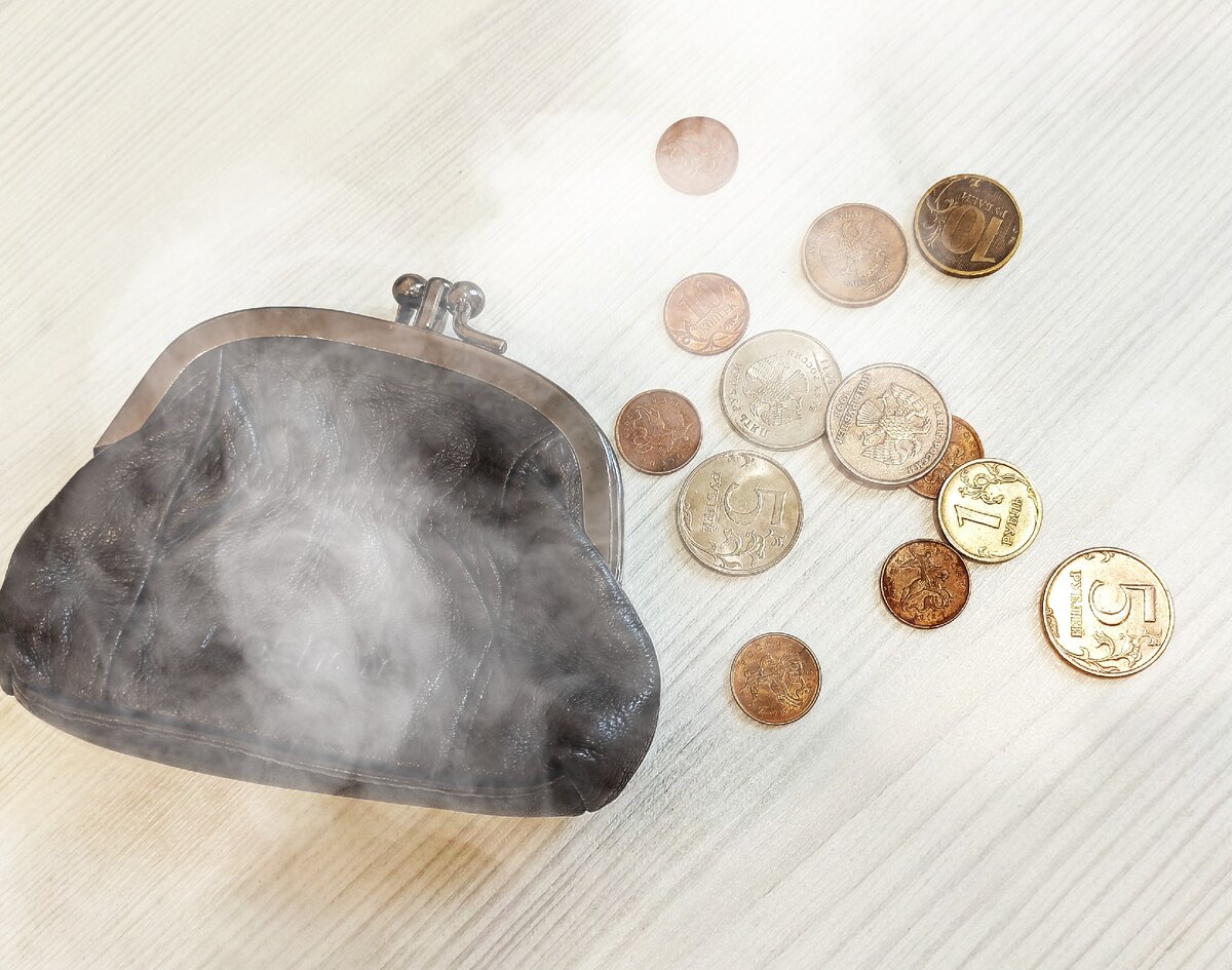 На фото кошелек и разбросанные монеты