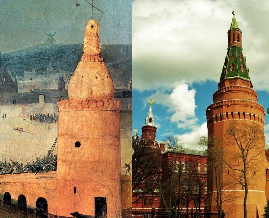 Фрагмент картины Босха «Искушение святого Антония» 1505—1506 (слева) и Угловая Арсенальная башня московского Кремля 1492  (справа).