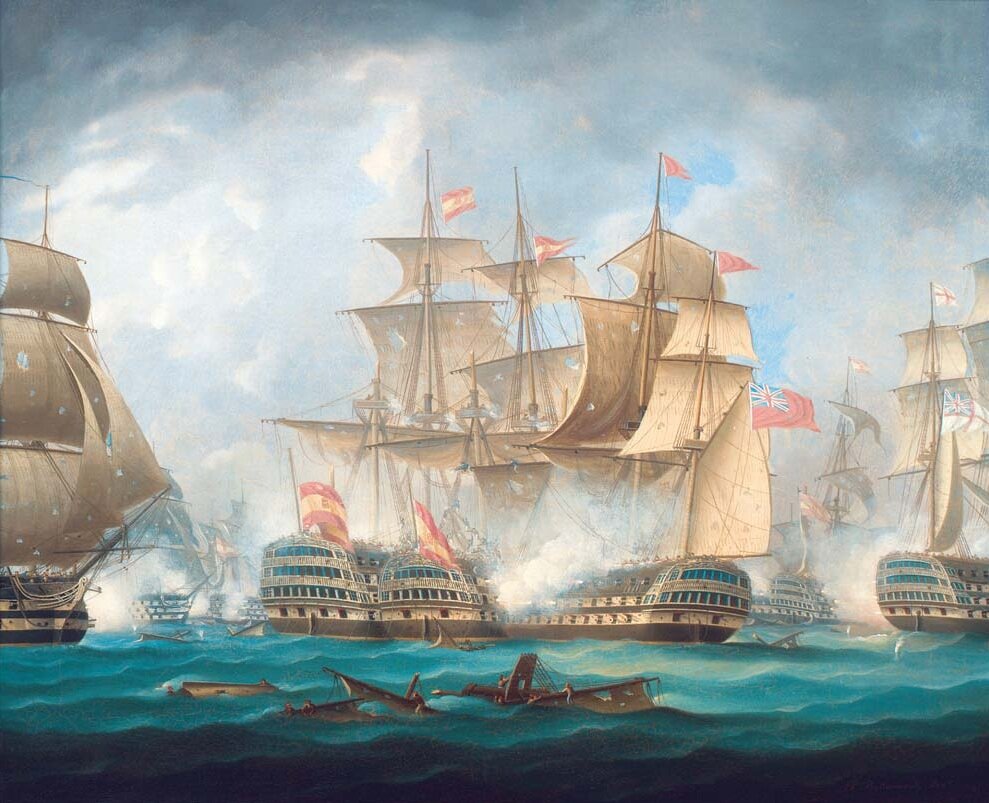 Сражение у мыса Сен-Винсент 14 февраля 1797 г. Коммодор Горацио Нельсон ведёт 74-пушечник "Кэптэн" на абордаж испанских кораблей. Изображение из открытых источников.