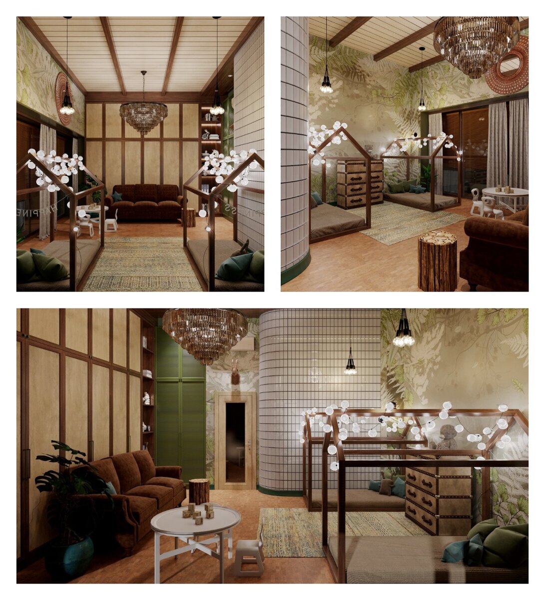 Детская комната по проекту моего "Архбюро Доценко". Бывший гараж в доме превратили в уютное  пространство для двух мальчиков. Тема "Дух приключений", немного винтажа и зелени. Большой шкаф за диваном - для длительного хранения вещей специально расположен так, чтобы затруднить к нему доступ юных обитателей. За перегородкой из матовых стеклоблоков - санузел.