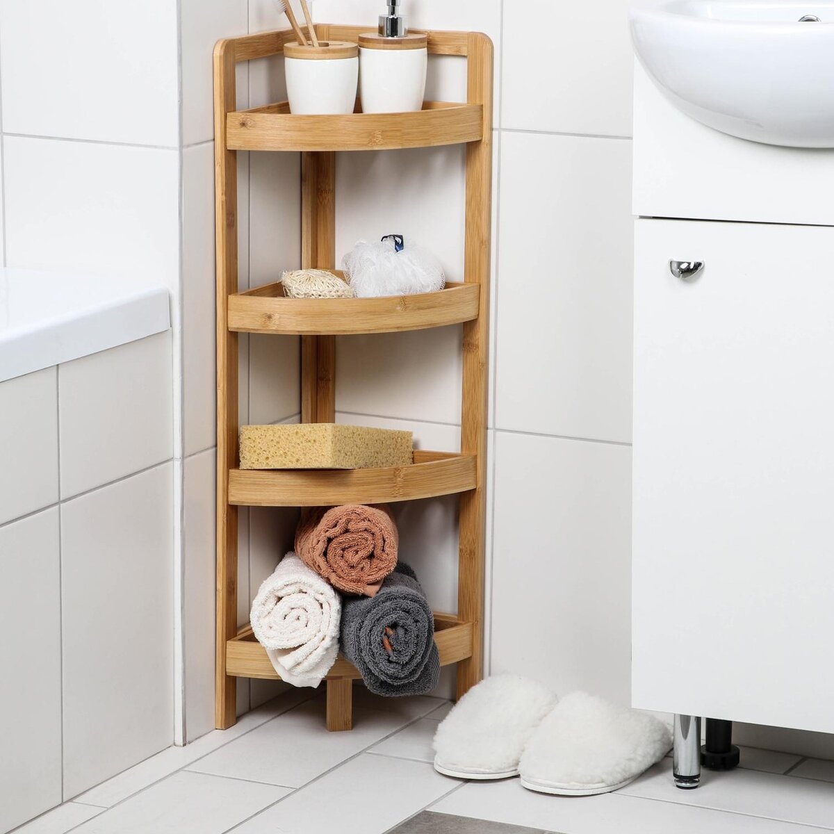 Угловая бамбуковая этажерка 4-х ярусная (23х23х80 см, бамбук) - 2687 руб