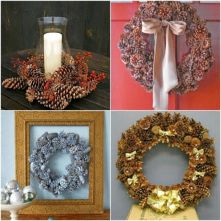 Из шишек разных размеров можно сделать красивый венок. Для этого вам понадобится основа, силиконовый клей или супер клей, ленты для украшения. С помощью клея на основе необходимо закрепить шишки, можно добавить хвойные ветки и украсить лентой.