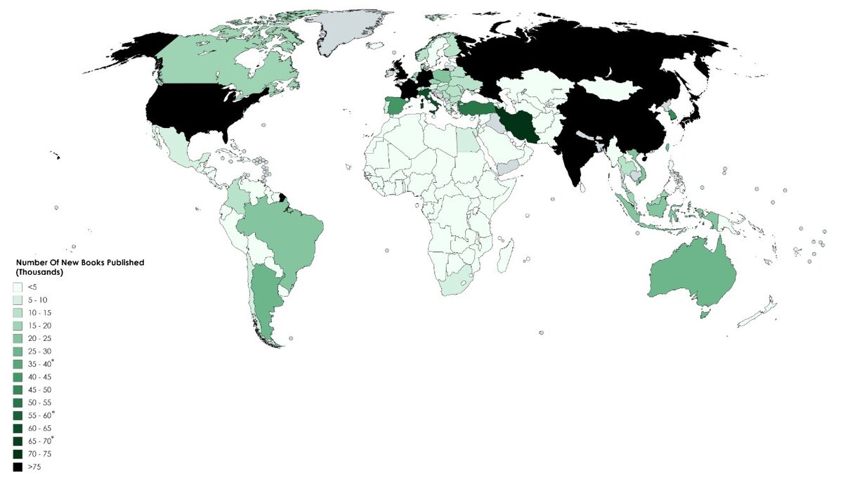 Количество книг опубликованных в каждой из стран в сотнях штук. Кликните на карту, чтобы увеличить изображение.