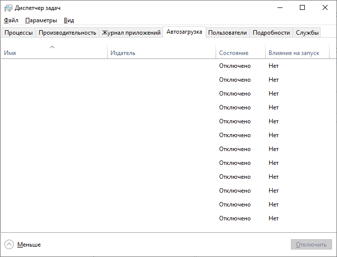 Диспетчер задач с вкладкой Автозагрузка (названия и издатели программ скрыты чтобы не рекламировать ничего)