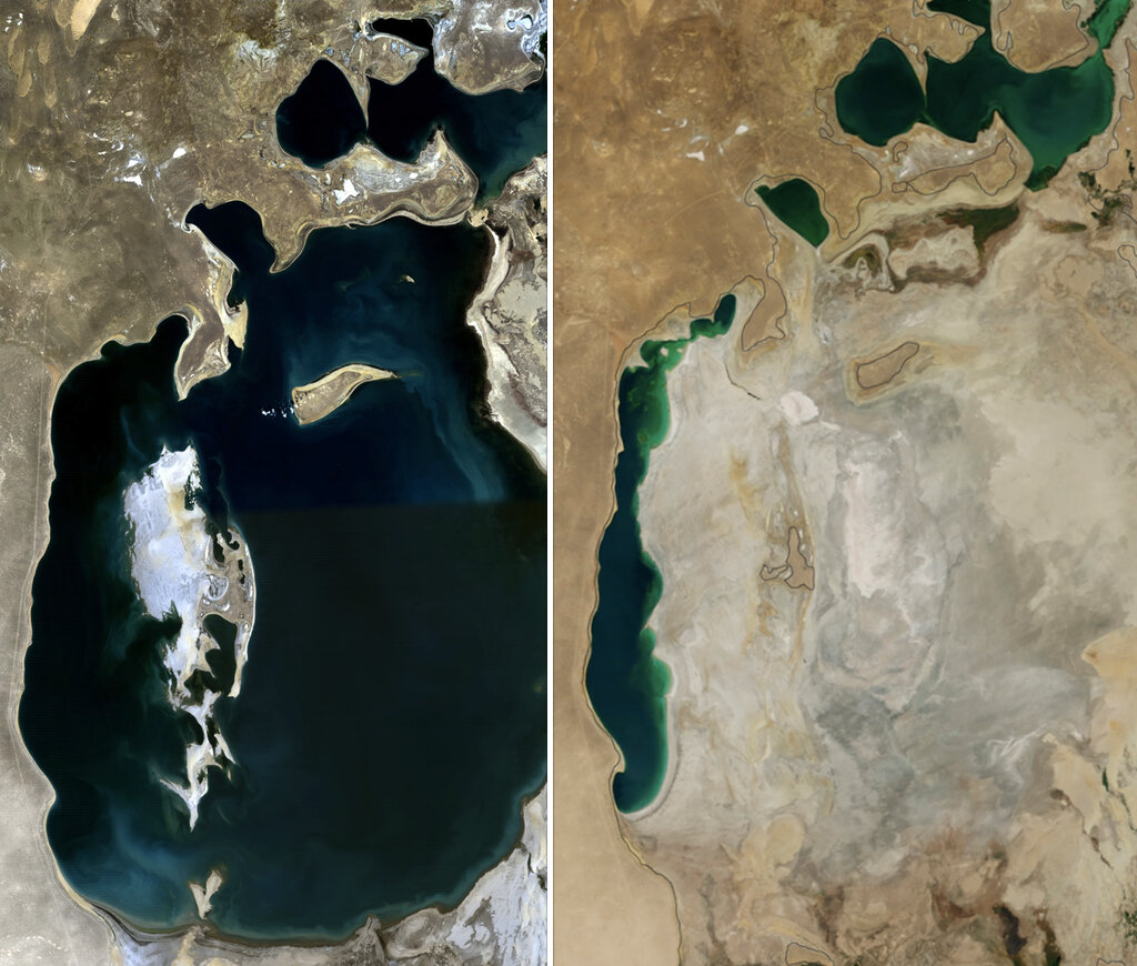 Аральское море в 1989 и 2014 году.