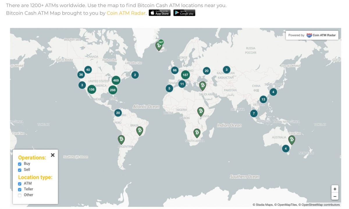 карта банкоматов, работающих с Bitcoin Cash