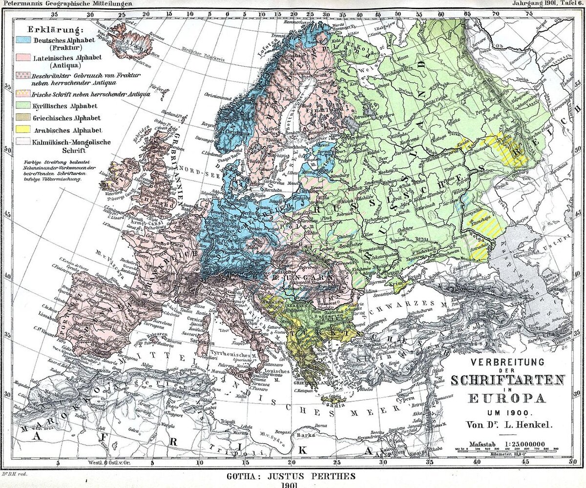 Распространение алфавитов в Европе в 1900 году