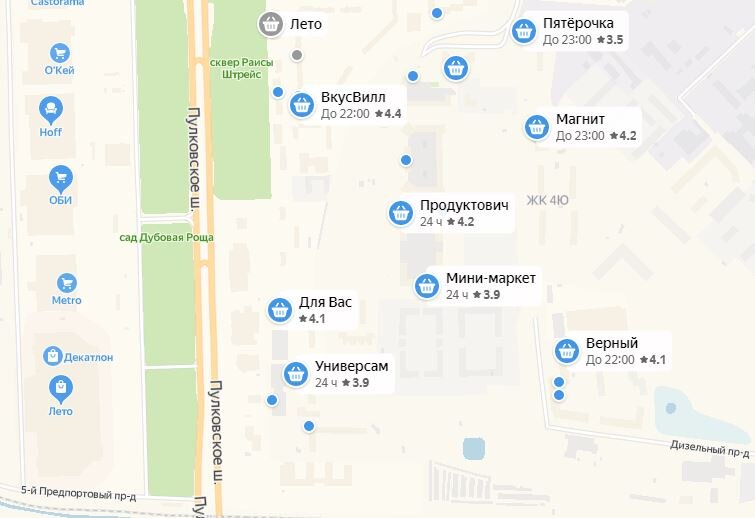 На данной карте можно наблюдать расположение продуктовых магазинов. 