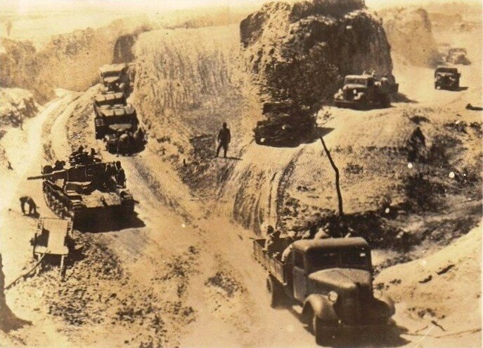 Fig. 2. 1944.06-12 Operation Ichi-Go, Japanese mechanized forces with modern trucks & tanks  marching towards Lo-yang pass.