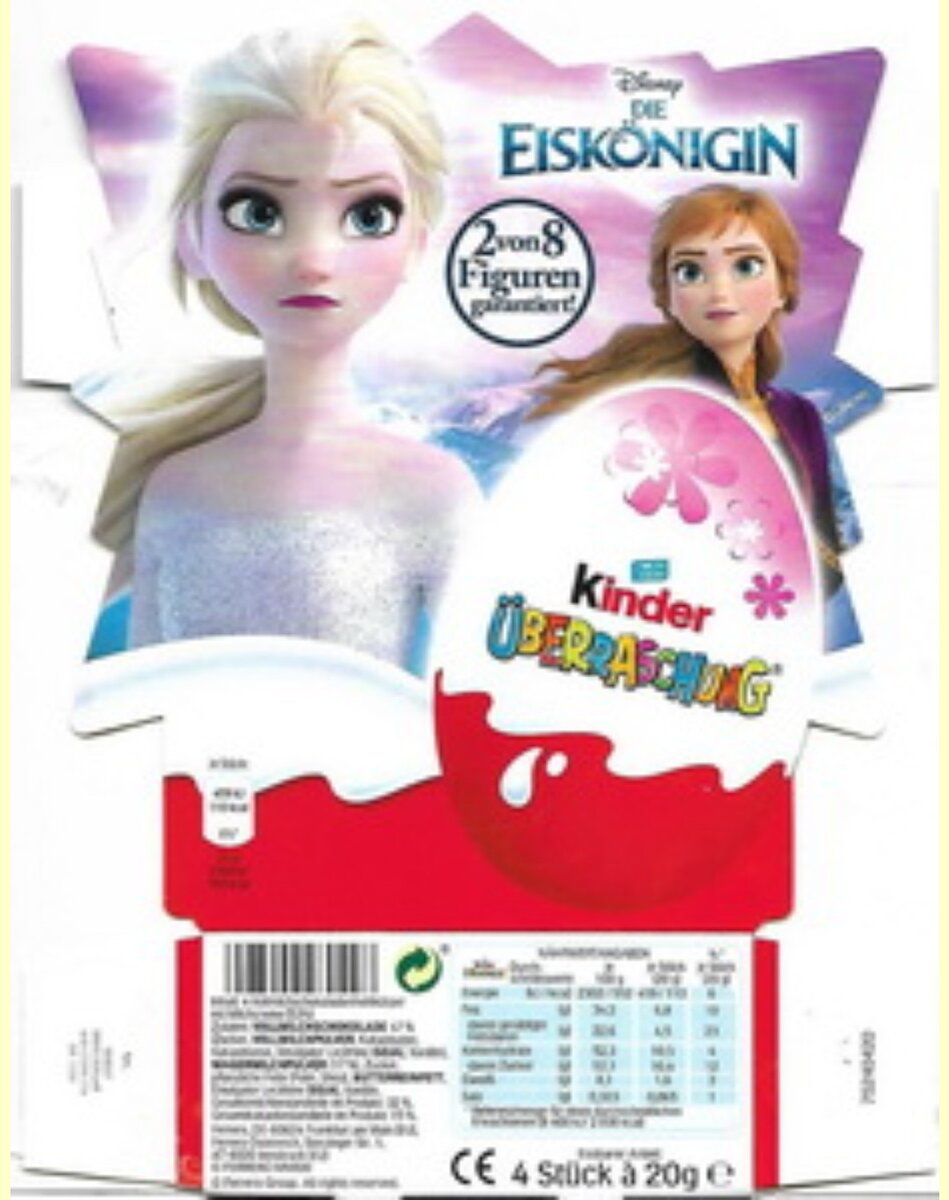 Упаковка на 4 Kinder Überraschung, серия Frozen 2. Вид спереди. 