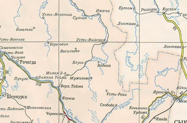 Фрагмент карты автодорог Архангельской области 1960 года, где нанесен Пинежский тракт, идущий от Верхней Тоймы до Усть-Выйской.