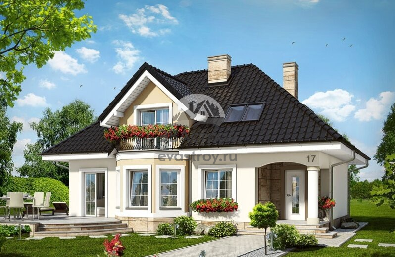 Проект двухэтажного коттеджа  164 м2 из газобетона с кабинетом, балконом и террасой - VV-32