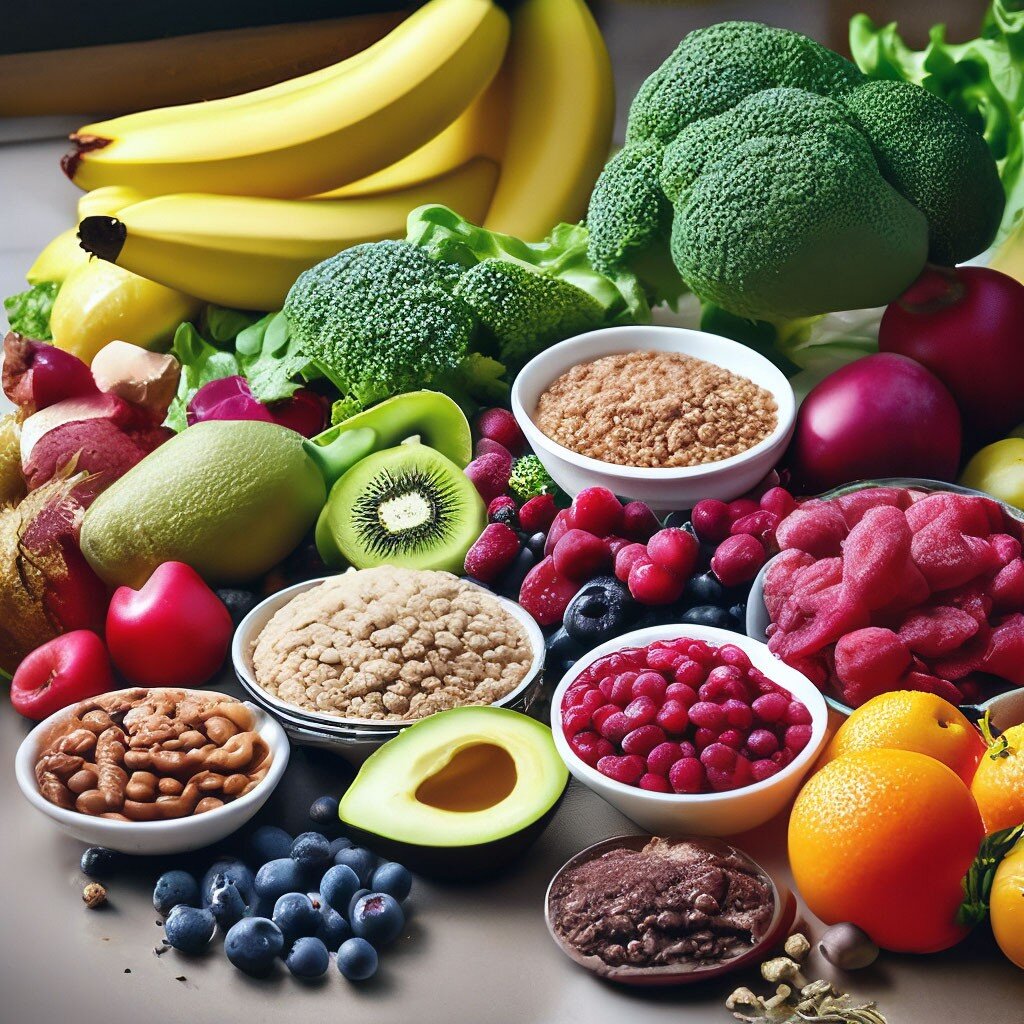 Полезные свойства этих продуктов среди прочих условий объясняются содержанием в них клетчатки. Изображение создано в приложении Шедеврум.
