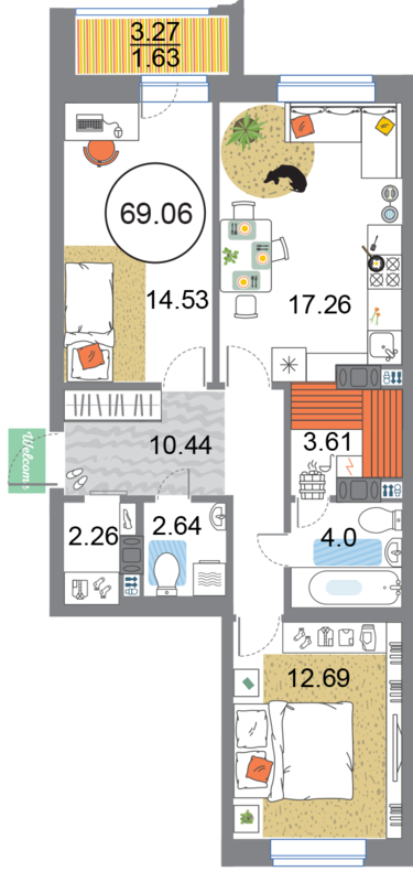 Трехкомнатная квартира в ЖК Modum с гардеробной, сауной, двумя санузлами и большой кухней-гостиной.