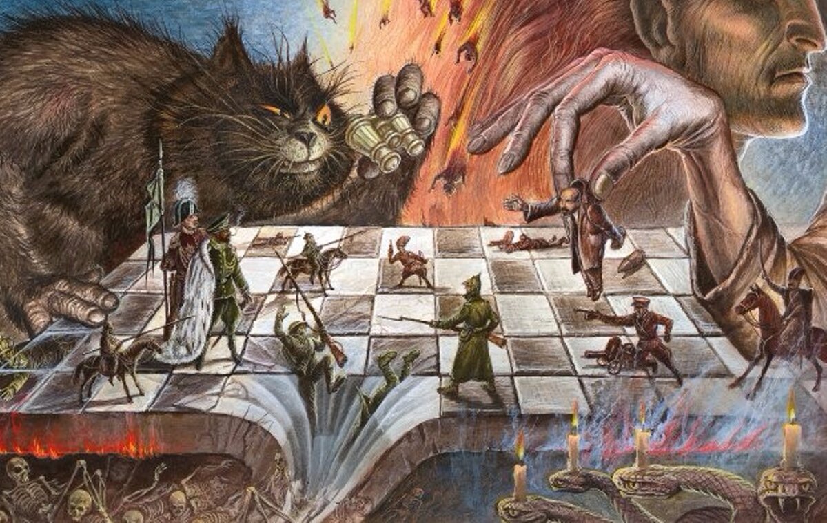 В. Глушенко. Шахматная партия Воланда и Кота Бегемота (http://b1.culture.ru/c/698223.jpg).