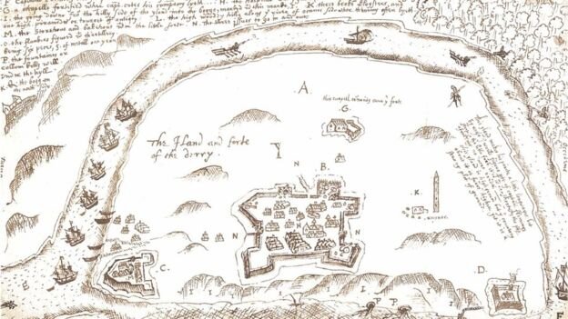 Карта 1600 года "Остров Дерри". С правой стороны видна башня. Фото bbc.com