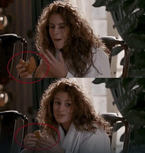 В "Pretty Woman" круассан, которого его очаровательная Джулия Робертс, в следующем кадре превращается в блинчик.