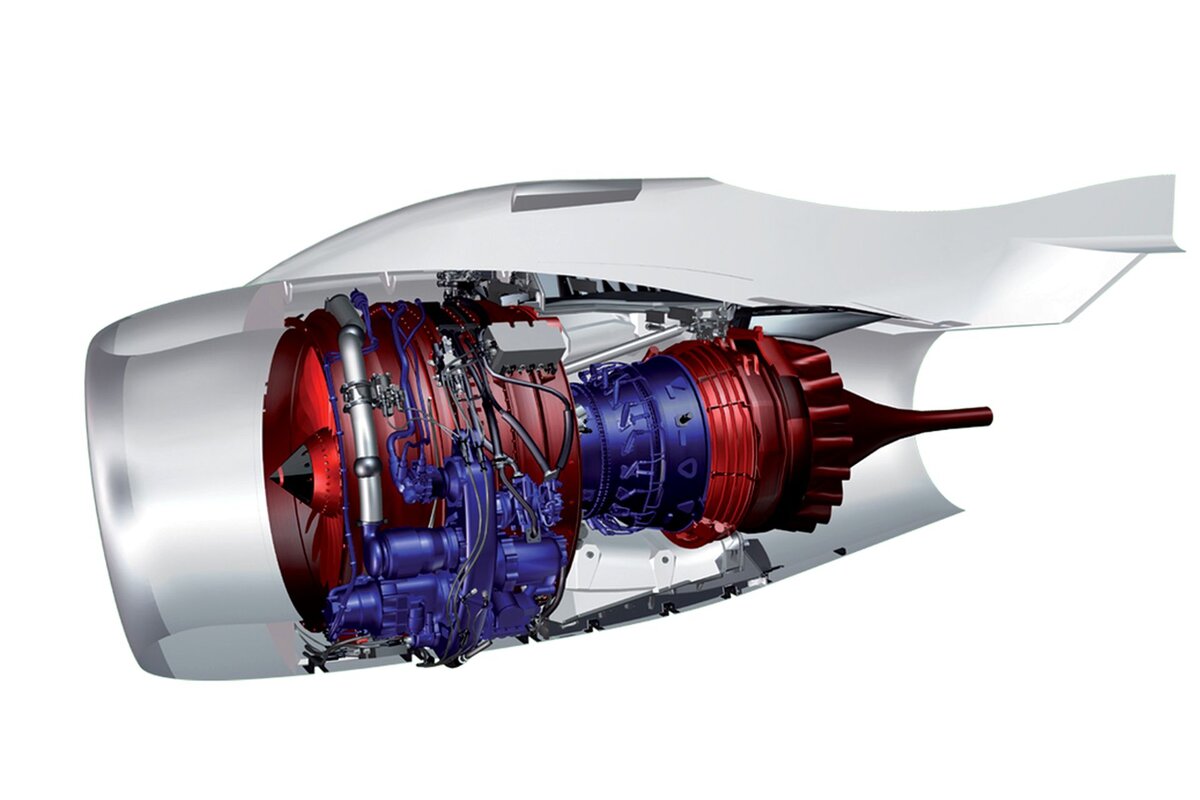 Двигатель PowerJet SaM146: синим даны компоненты производства Safran, красным — ОДК-Сатурн