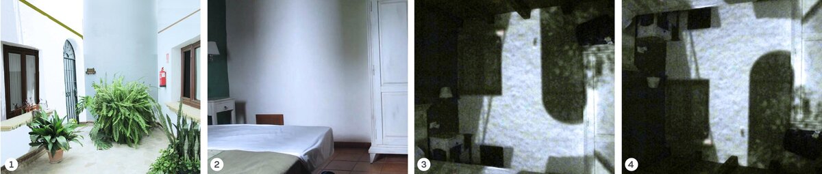 Терраса гостиничного номера, в котором Антонио Торральба заметил, что окно выступило в роли случайной камеры-обскуры (1). Расплывчатое изображение террасы на стене (2) можно сделать более четким (3), если закрыть большую часть окна картоном и таким образом уменьшить размер отверстия, через которое проходит свет. Если изображение перевернуть (4), станет видно расположение предметов снаружи. Антонио Торральба и Уильям Т. Фримен