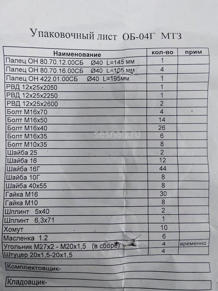 Упаковочный лист ЗИПа отвала ОБ-04Г