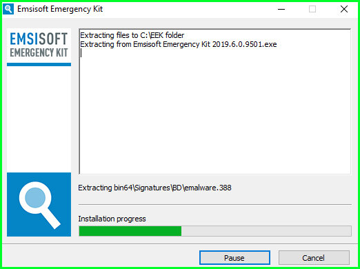 Окно распаковки Emsisoft Emergency Kit