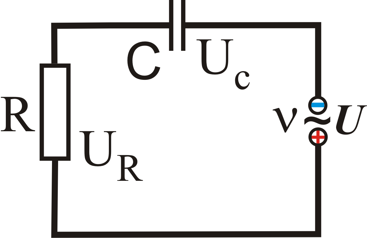 Рисунок 1. RC цепочка, подсоединённая к источнику питания с частотой v и напряжением U. Разница фаз определяется между фазой тока в цепи и фазой напряжения внешнего источника питания.