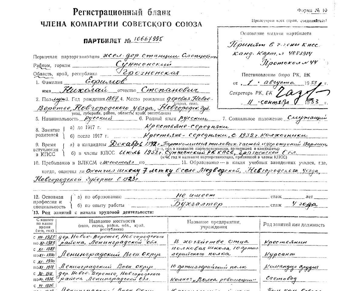 Регистрационный бланк члена Компартии Советского Союза Ефимова Николая Степановича. https://yulianovozhilova.ru/