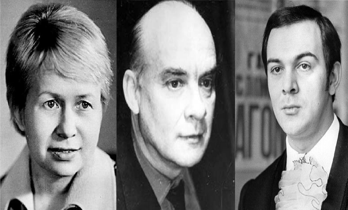 Слева направо: Композитор А. Пахмутова, поэт Н. Добронравов, первый исполнитель М.Магомаев. 