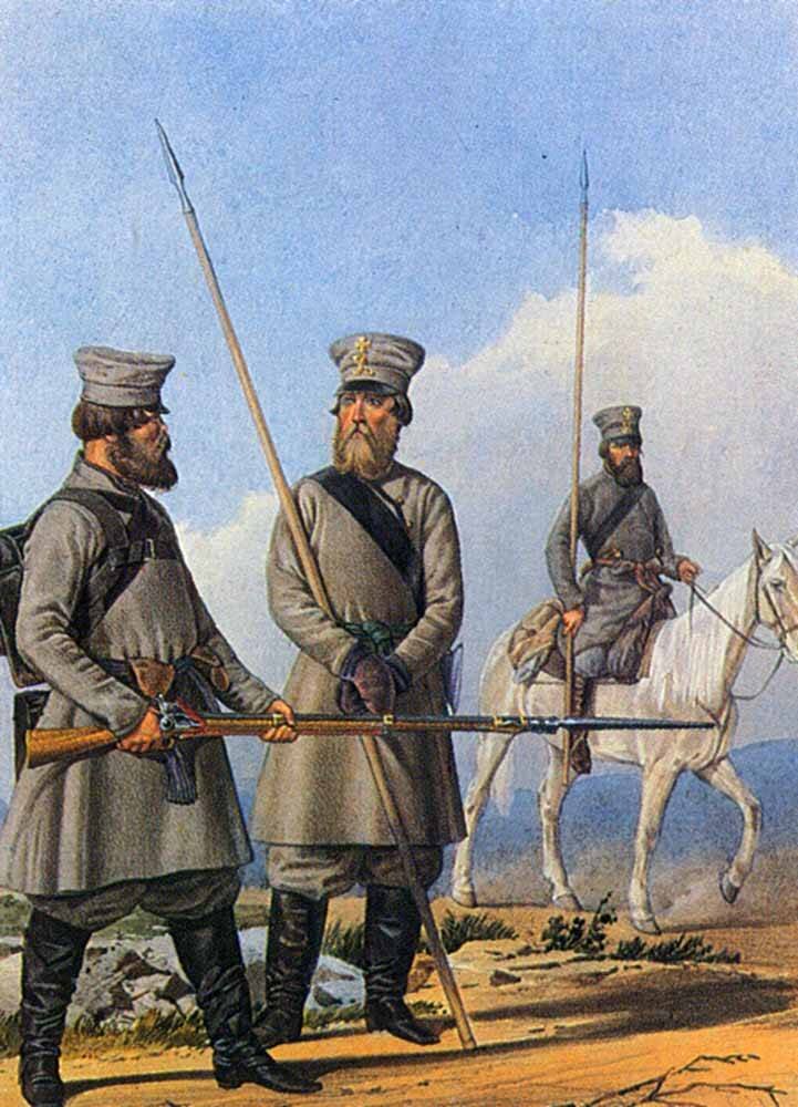 Егерь, пеший и конный казаки Тверского ополчения. Раскрашенная литография П. Ферлунда 2-го по рисунку П. Губарева. Середина XIX в.
