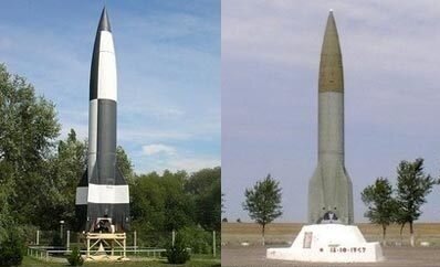 Слева – немецкая «ФАУ-2» на полигоне Пеенемюнде, справа – советская Р-1 на полигоне Капустин Яр