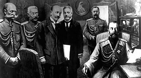 Отречение Николая II 2 марта 1917 года (предположительная сцена). Слева направо: министр Двора барон Фредерикс, генерал-адьютант Н.В. Рузский, В.В. Шульгин, А.И. Гучков, генерал Ю.Н. Данилов, Николай II 