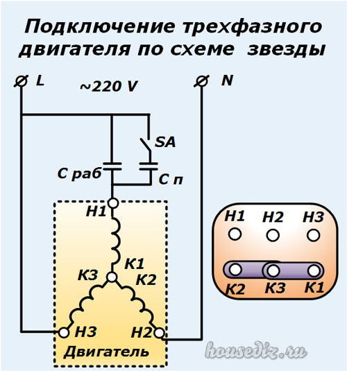 Схема подключения трехфазного электродвигателя на 220 через конденсаторы без потери мощности