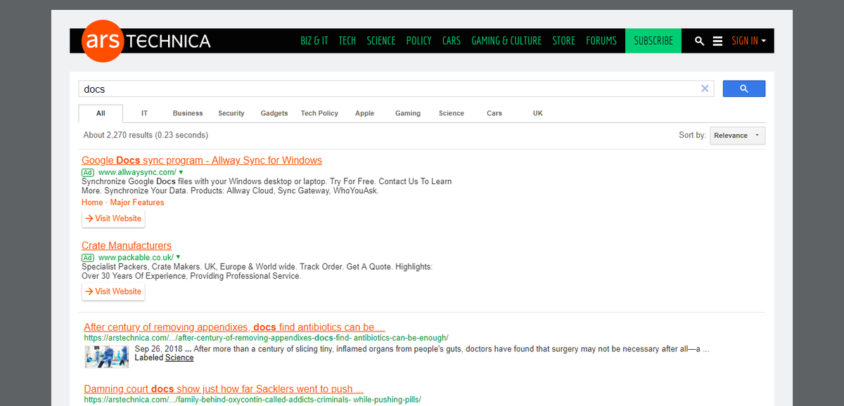 Пример работы встроенного поиска Google на сайте Ars Technica