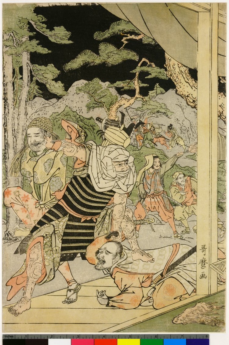Print artist: Kitagawa Utamaro  1786-1788  Night attack by brigands lead by Kumasaka Chohan on Ushiwaka-maru's party: Musashi-bo Benkei crushing thief; dressed as Buddhist monk with 'horiri' (treasure circle) patterned robe and carrying seven weapons on his back.