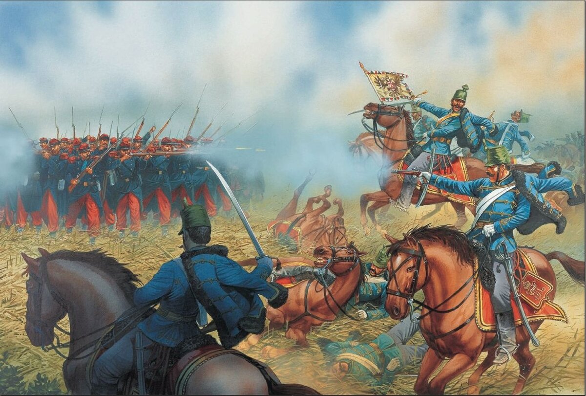 Австрийские гусары против французской пехоты при Сольферино. Иллюстратор: Peter Dennis