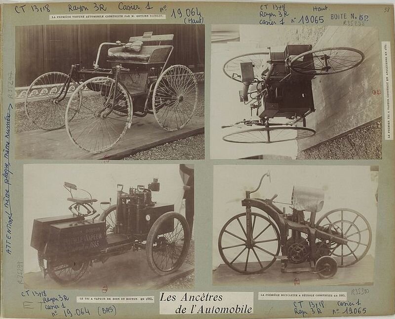 Оригинальный мотоцикл Даймлера и Майбаха 1885 г.в. (справа внизу). Остальное — первые автомобили тех же конструкторов. Фото из коллекции Жюля Бо