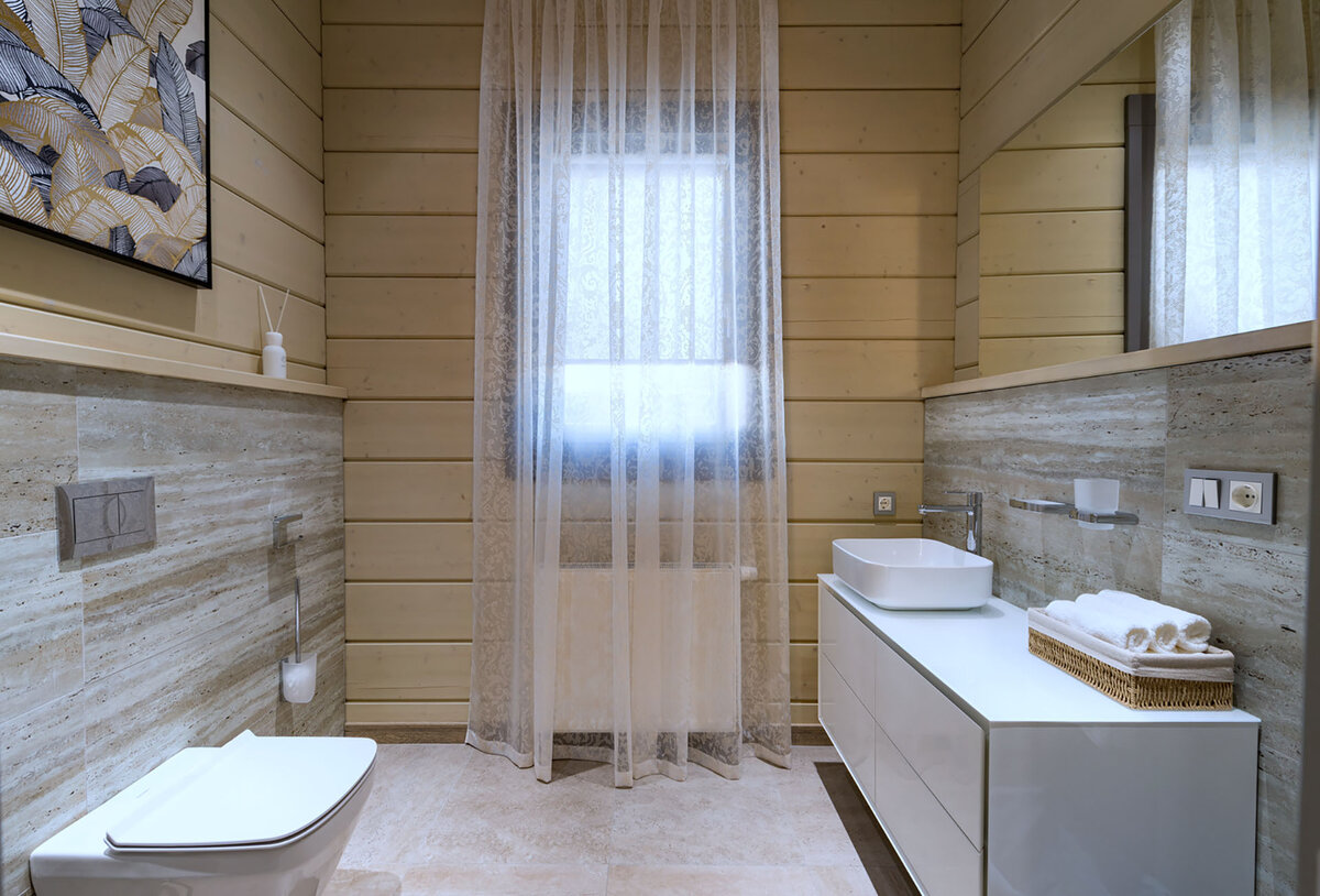 Интерьер ванной в доме из бруса (34 фото)