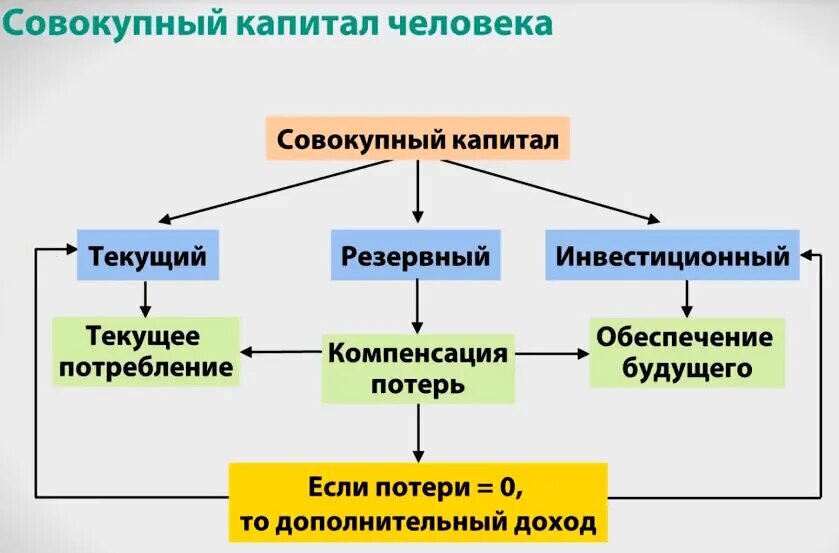 Капитал включает человеком. Три составляющие совокупного капитала. Совокупный капитал человека. Структура совокупного личного капитала. Совокупный капитал человека текущий резервный и инвестиционный.