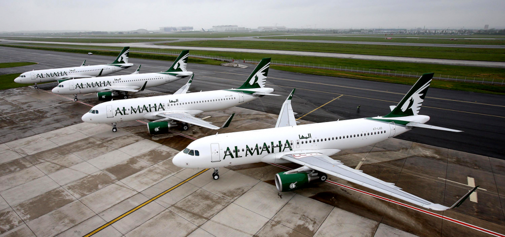 Airbus A320-214WL в ливрее авиакомпании Al Maha во время церемонии передачи в Airbus Delivery Centre во французской Тулузе