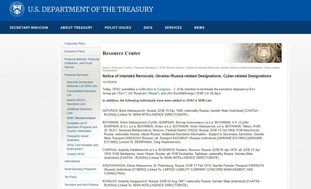 Санкционный список Минфина США. Скрин с сайта treasury.gov 
