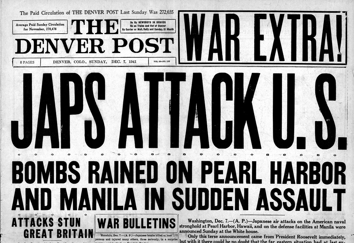Заглавная страница The Denver Post сообщает об атаке японцев на Пёрл Харбор. Источник: denverpost.com