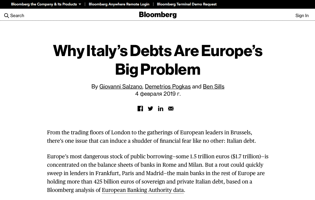 Статья «Bloomberg»: «Почему долги Италии - большая проблема Европы»